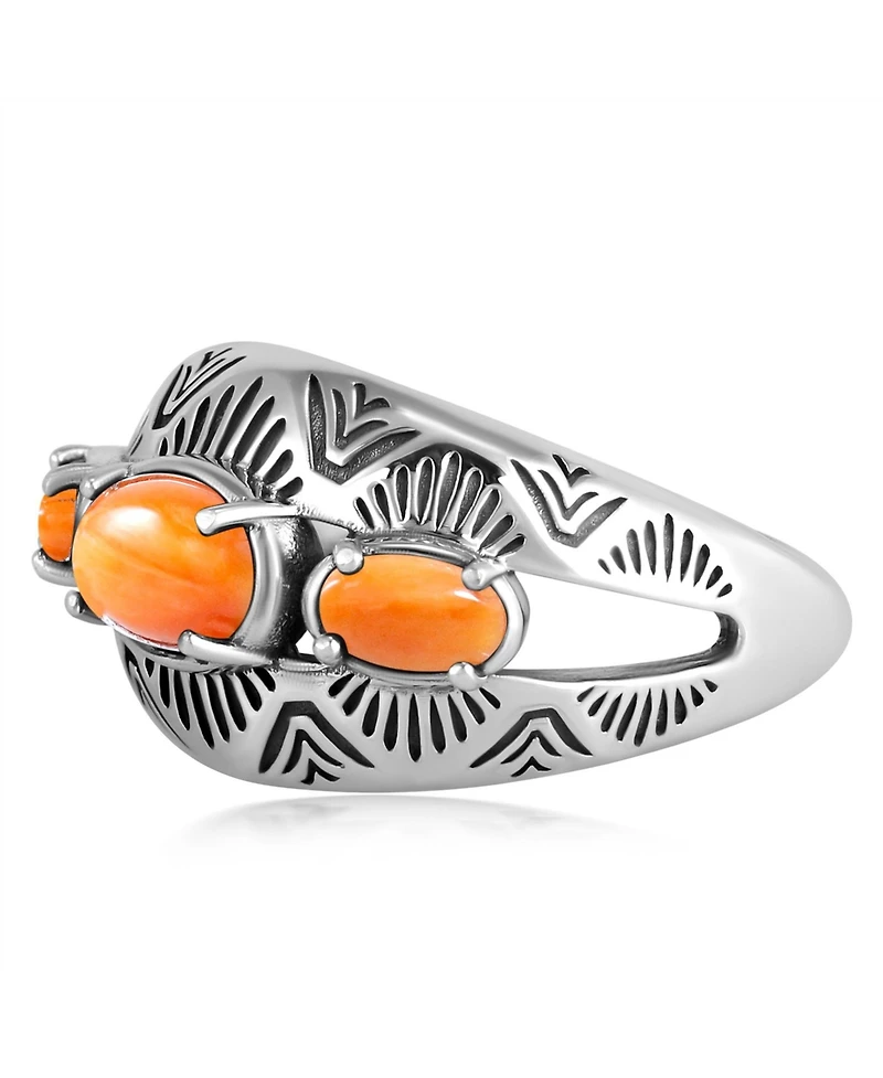 American West Jewelry Sterling Silver Orange Spiny Oyster 3-Stone Oval Band Ring, 10