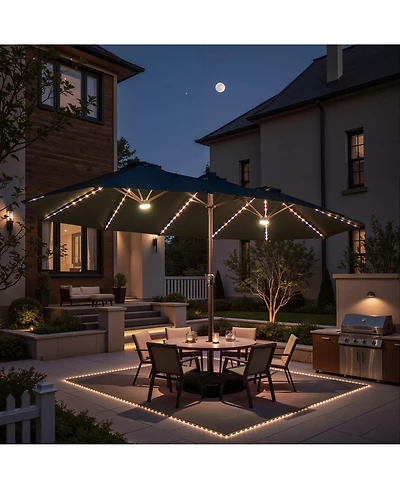 Xizzi 15ft Solar Umbrella Smart Led Lighted Patio Umbrella,12 Heavy Duty Ribs Large Outdoor Double Sided Rectangle with Light Modes and Base