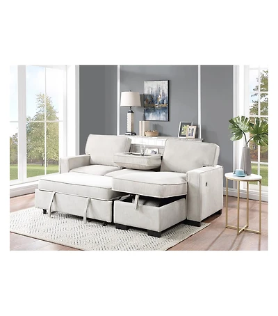 Homlux 86.5"W Beige Fabric Reversible Sleeper Sectional with Storage Chaise Drop-Down Table 2 Cup Holders and 2USB Ports