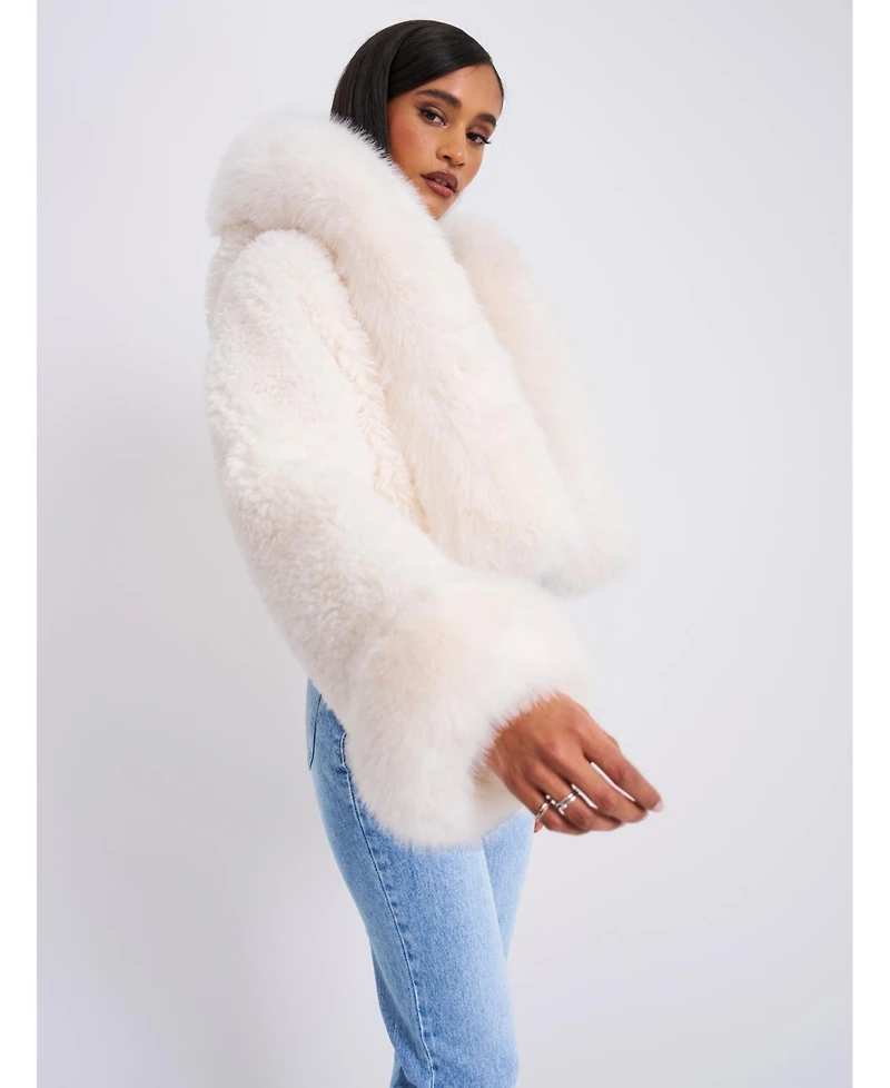 Miss Circle Women's Kali White Cropped Faux Fur Jacket With Hood