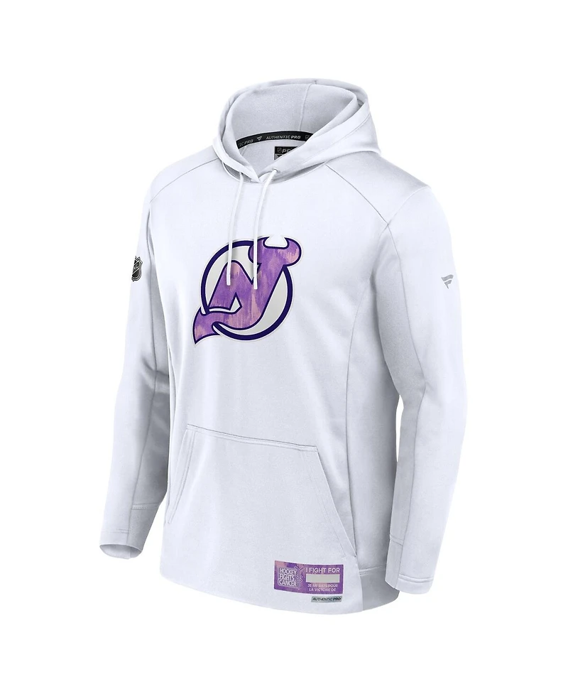 Fanatics Men's White New Jersey Devils Authentic Pro Hockey Fights Cancer Pullover Hoodie