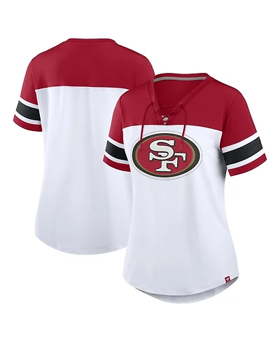 Fanatics Women's White/Scarlet San Francisco 49ers Athena Rhinestone Lace-Up V-Neck T-Shirt