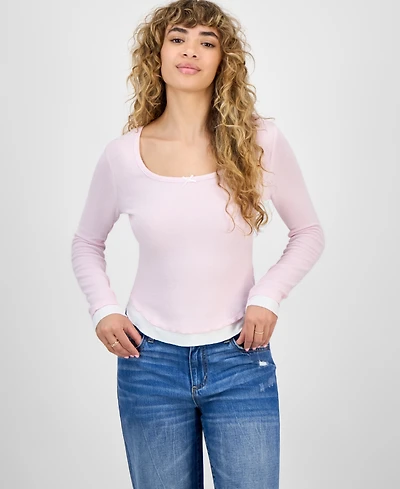 Self Esteem Juniors' Ribbed Layered-Look Long-Sleeve with Bow