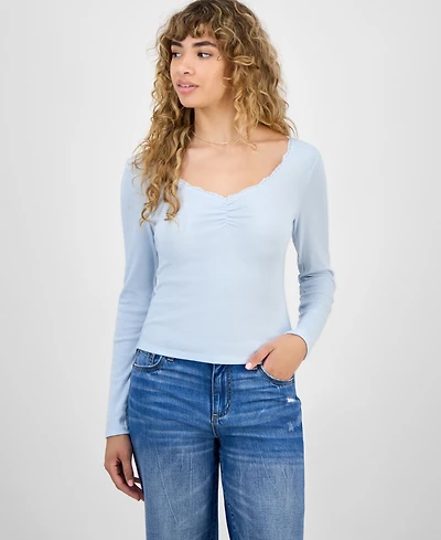 Hippie Rose Juniors' Lace-Trim Gathered-Bust Top