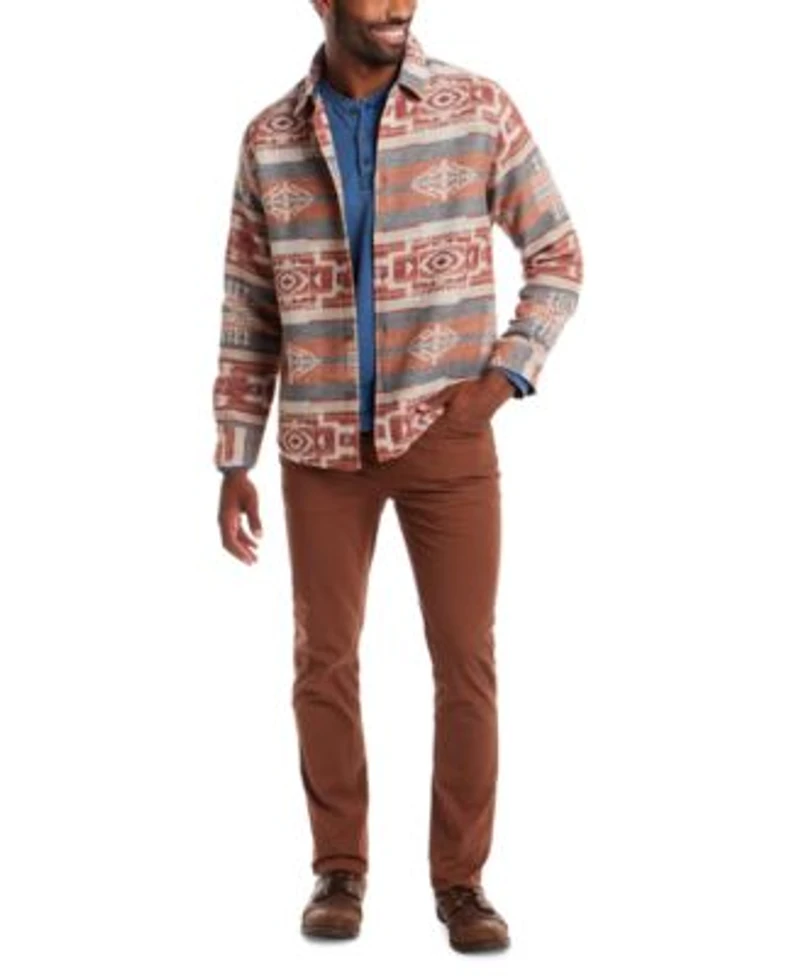 Weatherproof Vintage Mens Long Sleeve Indigo Henley Southwest Pattern Long Sleeve Button Front Shirt Jacket Straight Fit Stretch Ripstop Pants