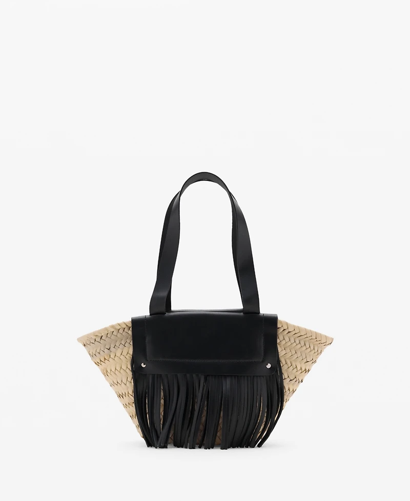 Mango Women's Leather Fringes Natural Fiber Handbag
