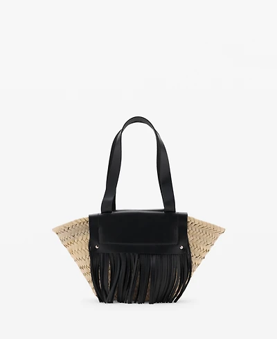 Mango Women's Leather Fringes Natural Fiber Handbag