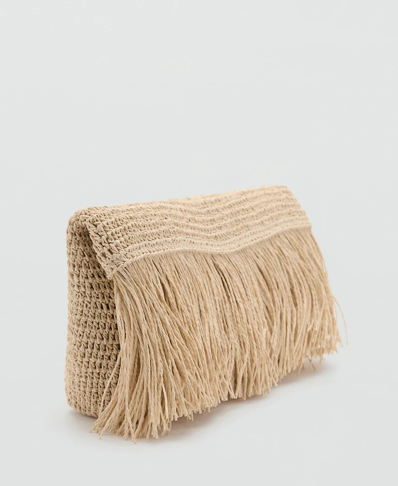 Mango Women's Fringes Detail Natural Fiber Handbag