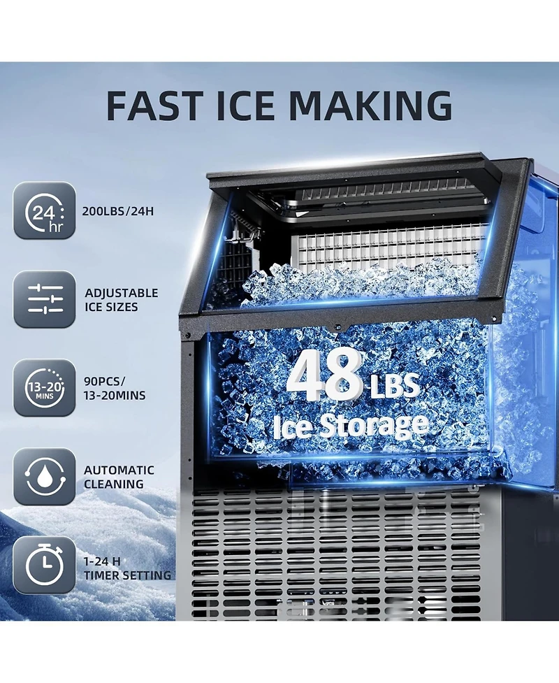 Cowsar Commercial Ice Maker,200LBS/24H, Automatic Stainless Steel Machine with Lcd Panel,Freestanding with 48 Pounds Storage Capacity, Party/Bar/Resta