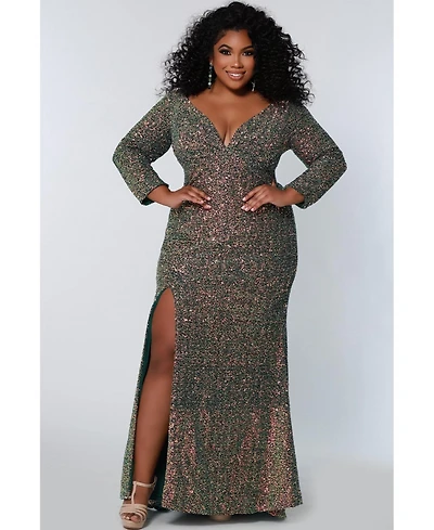 Sydney's Closet Women's Fitted V-Neck Multi-Dimensional Sequin Long Sleeve Plus Gown