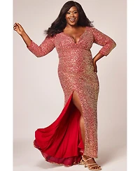 Sydney's Closet Women's Fitted V-Neck Multi-Dimensional Sequin Long Sleeve Plus Gown