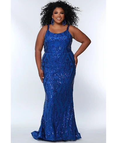 Sydney's Closet Women's Scoop Neck Fitted Sequin Evening Gown