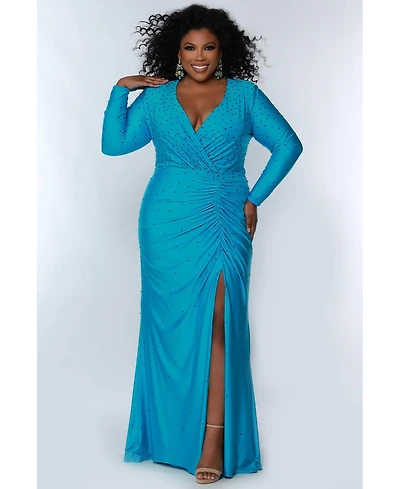 Sydney's Closet Women's Fitted Long Sleeve V-Neck Ruched Plus Gown