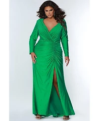 Sydney's Closet Women's Fitted Long Sleeve V-Neck Ruched Plus Size Gown