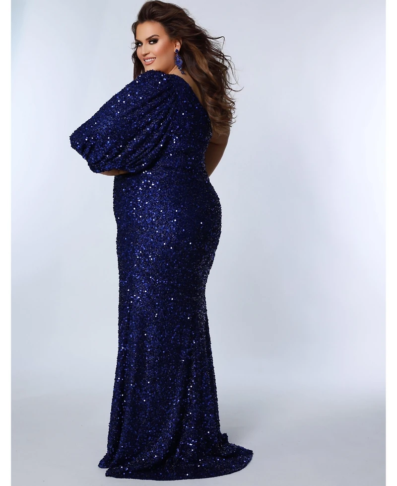 Sydney's Closet Women's One-Shoulder Pouf Sleeve Sequin Plus Size Evening Gown