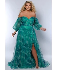 Sydney's Closet Women's Floral Strapless Sweetheart Neckline A-Line Gown