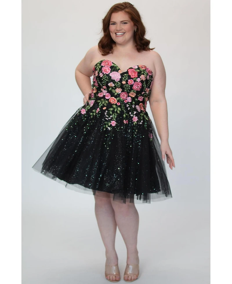 Sydney's Closet Women's Strapless Floral Embroidered Short Party Dress