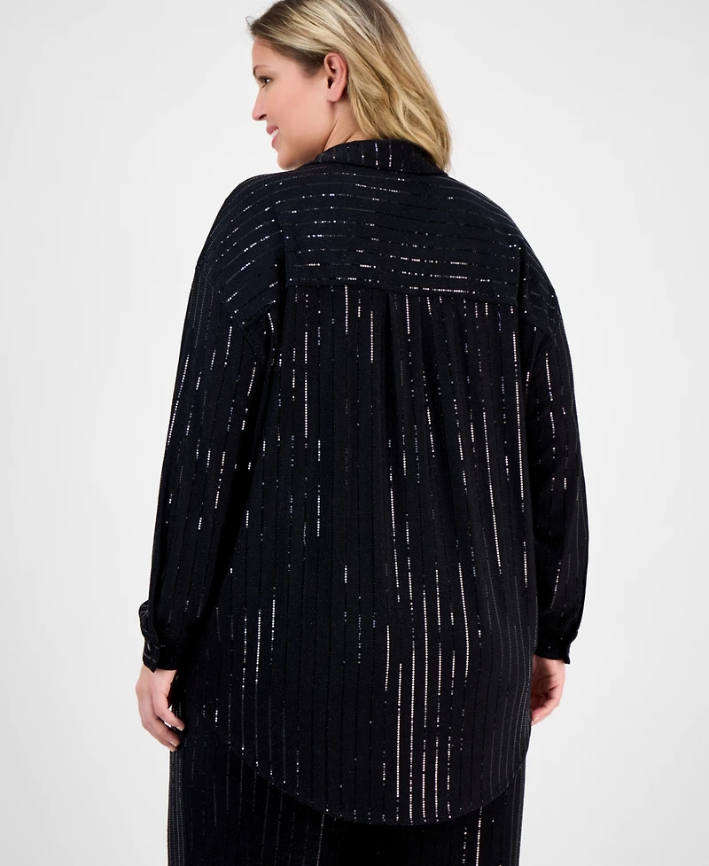 Anne Klein Plus Sequin Pinstripe Drop-Shoulder Tunic Shirt