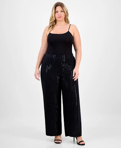 Anne Klein Plus Sequin Pinstripe High-Rise Wide-Leg Pants