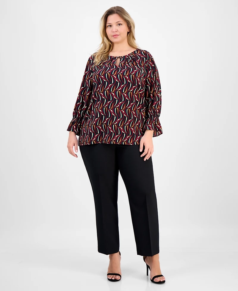 Ak Anne Klein Plus Size Printed 3/4-Sleeve Keyhole Blouse