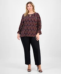 Ak Anne Klein Plus Size Printed 3/4-Sleeve Keyhole Blouse