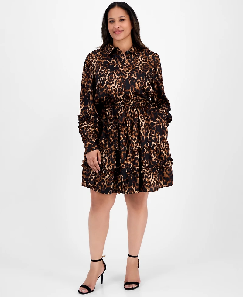 Anne Klein Plus Printed Button-Front Tie-Waist Tiered Dress
