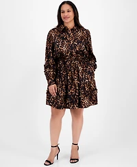 Anne Klein Plus Printed Button-Front Tie-Waist Tiered Dress