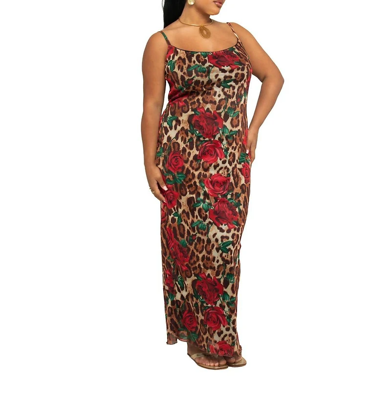 Fashion-szn Curve Women's Leopard Print Mesh Maxi Dress