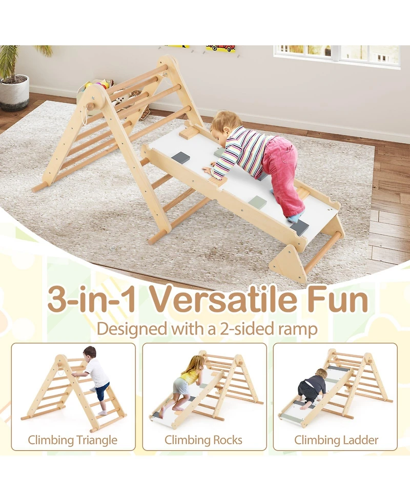 Gymax 3-in-1 Pikler Triangle Climbing Set Kids Montessori Climbing Toys Wooden Climber