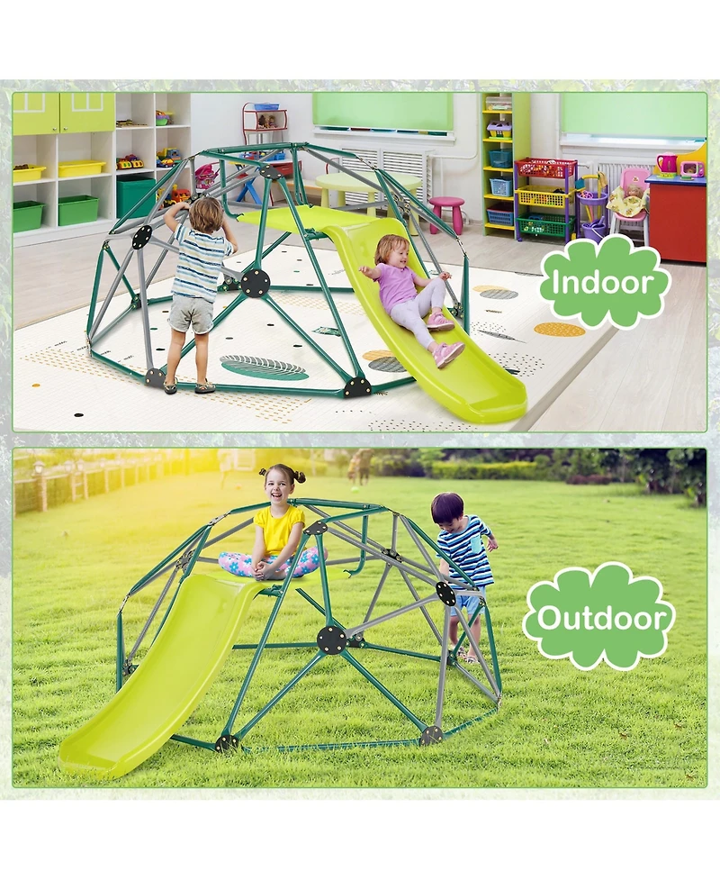 Gymax Toddler 8FT Climbing Dome w/ Slide Outdoor Jungle Gym Dome Climber Green & Gray