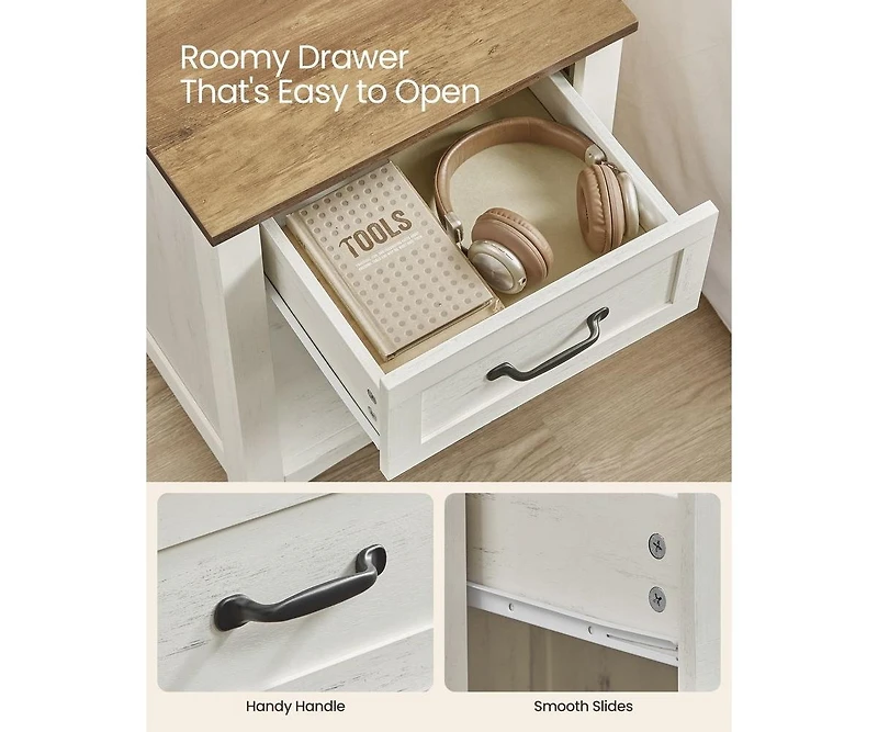 Farmhouse Nightstand with Drawer, Shelf, and Charging Station, Set of Bedside Tables
