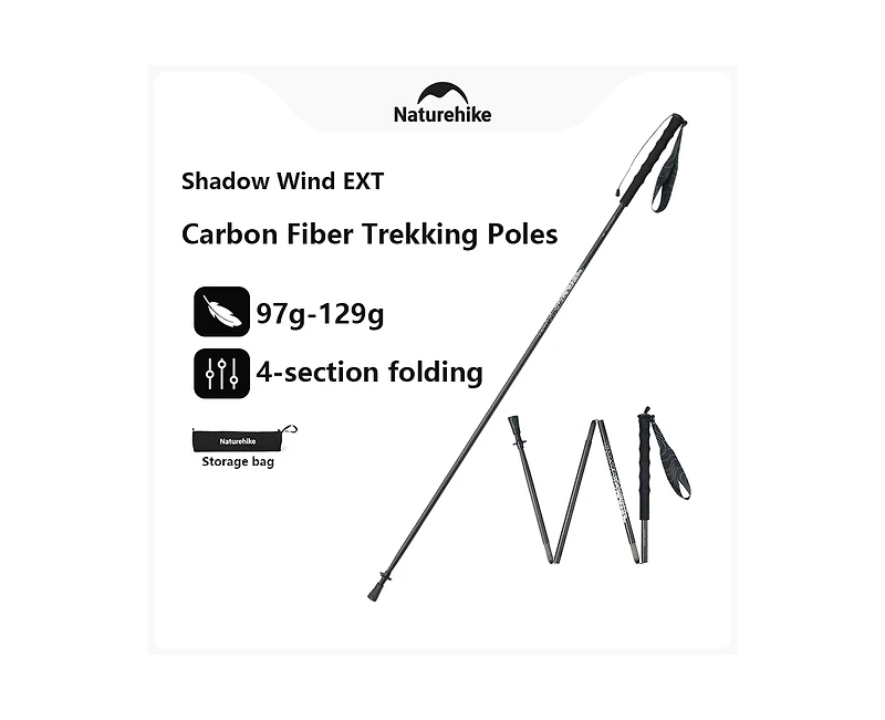 Naturehike 1pc 3K Carbon Fiber Trekking Pole-Ultra Lightweight Foldable for Trail Running,Quick 3-Second Setup,4-Section Design with Carry Bag