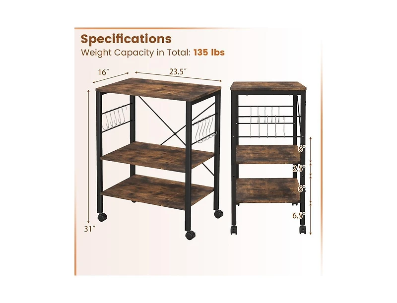 3-Tier Kitchen Baker's Rack with Microwave Shelf, Storage Hooks, and Utility Cart