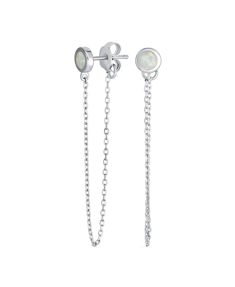 Bling Jewelry Minimalist Thin Chain Round Bezel Created White Opal Stud Earrings Sterling Silver
