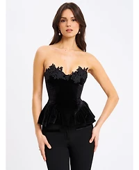 Miss Circle Women's Qiara Black Velvet Peplum Top with Lace Trim