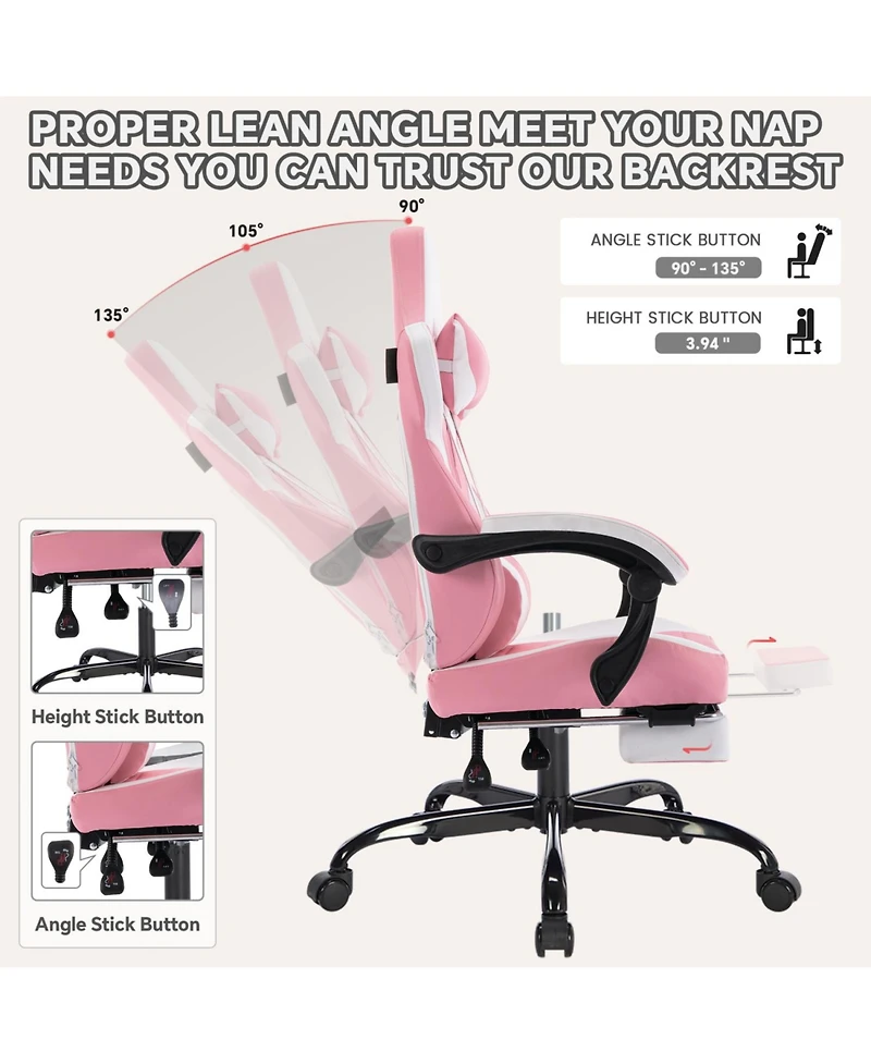 Streamdale Furniture Pink Gaming Chair with Footrest Ergonomic High Back