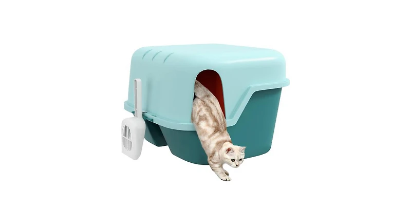 Aostirmotor Litter Box with Lockable Openable Cover, Scoop, Easy to Clean, for Indoor Cats, Green