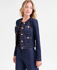 Tahari Asl Womens Denim Cropped Jacket Striped Sweater T Shirt Denim Trousers