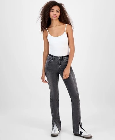 Dollhouse Juniors' Mid-Rise Seamed Slit-Cuff Bootcut Jeans