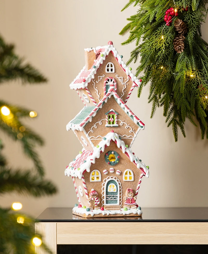 Glitzhome 18.5" Lighted Resin Christmas Gingerbread House Figurine