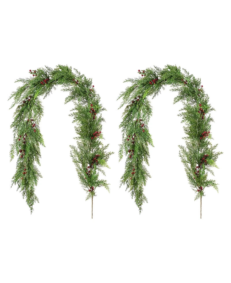 Glitzhome 6 ft Polyethylene Christmas Dripping Cedar Garlands with Berries, Set of 2