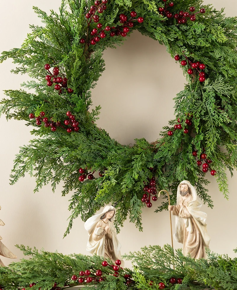 Glitzhome 24" Polyethylene Christmas Dripping Cedar Wreath with Berries