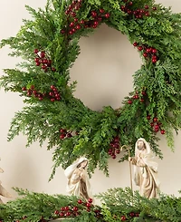 Glitzhome 24" Polyethylene Christmas Dripping Cedar Wreath with Berries