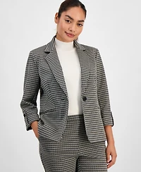 Ak Anne Klein Petite Houndstooth-Print Roll-Tab Blazer