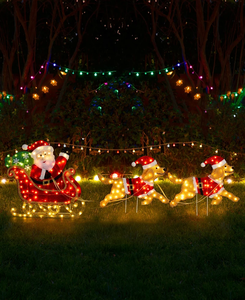 Glitzhome 90.5" Fabric Christmas 2D Dog with Santa Sleigh Lighted Outdoor Decor