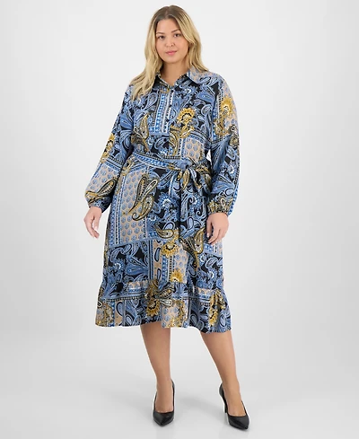 Jones New York Plus Paisley Tie-Waist Tiered Midi Dress