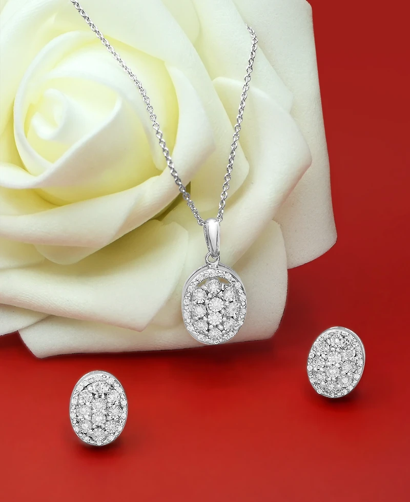 Diamond Oval Halo Cluster Earrings (1/10 ct. t.w.) in Sterling Silver, Macy's Exclusive
