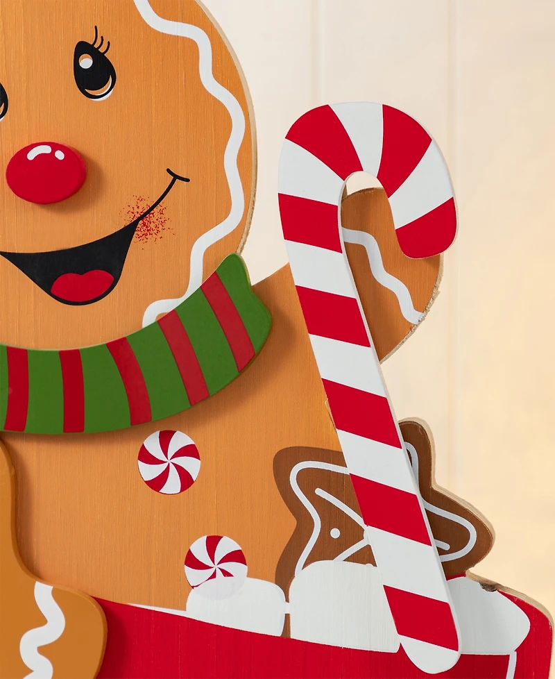 Glitzhome 34.5" Wooden Christmas Gingerbread Man on Coffee Cup Porch Decor