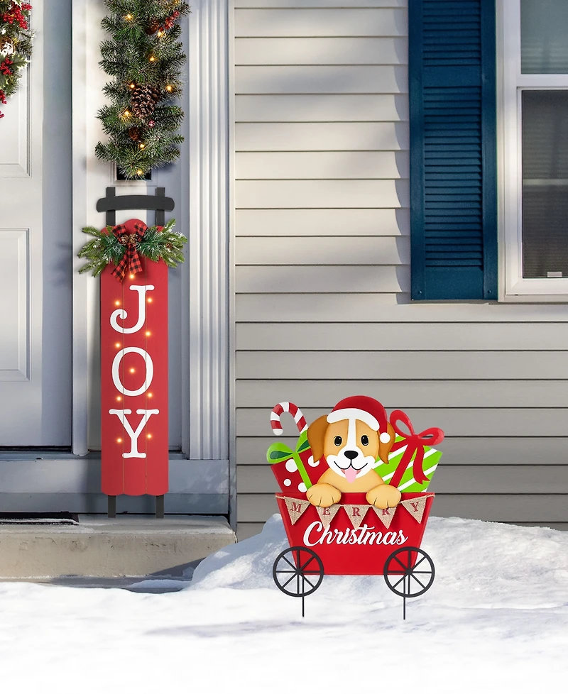 Glitzhome 24" Metal Christmas Dog and Gift Cart Yard Stake