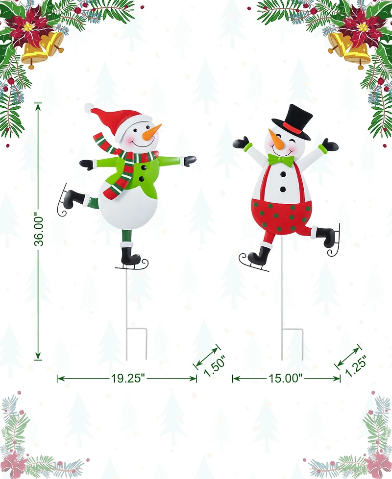 Glitzhome Metal Christmas Skiing Snowmen Yard Stakes, Set of 2